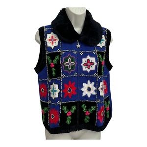 Snowflakes Berek Ugly Christmas Sweater Vest Zipper Faux Fur Collar VTG